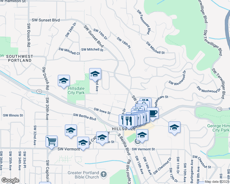 map of restaurants, bars, coffee shops, grocery stores, and more near 2021 Southwest Kanan Street in Portland