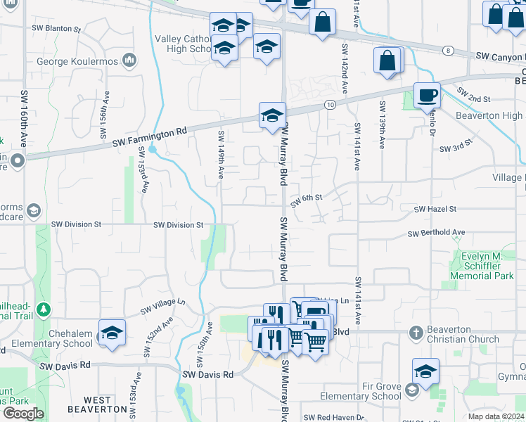 map of restaurants, bars, coffee shops, grocery stores, and more near 14610 Southwest 6th Street in Beaverton