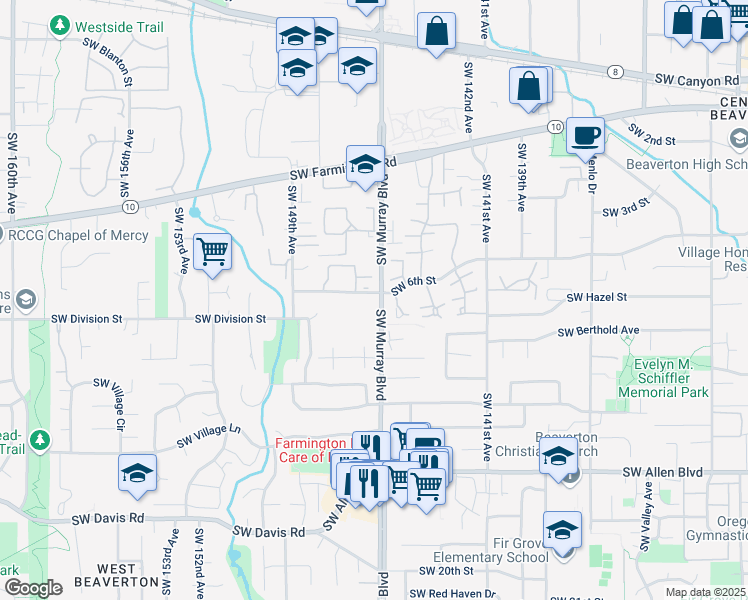 map of restaurants, bars, coffee shops, grocery stores, and more near 14510 Southwest 6th Street in Beaverton