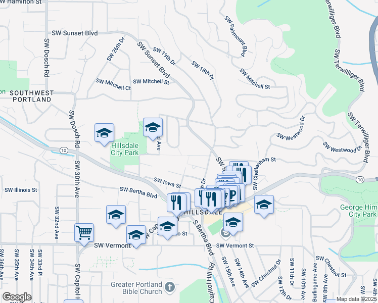map of restaurants, bars, coffee shops, grocery stores, and more near 2021 Southwest Kanan Street in Portland