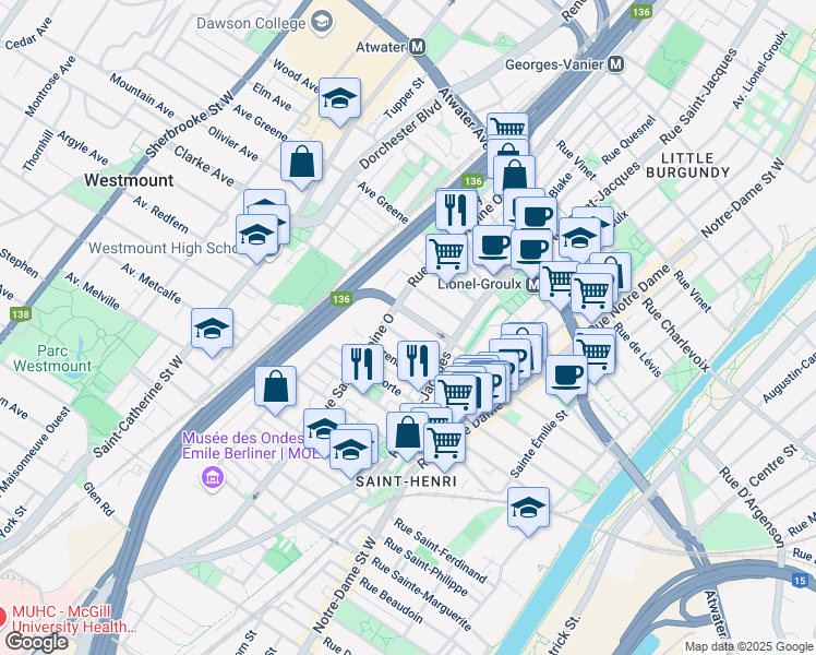 map of restaurants, bars, coffee shops, grocery stores, and more near 3600 Rue Saint-Antoine Ouest in Montréal