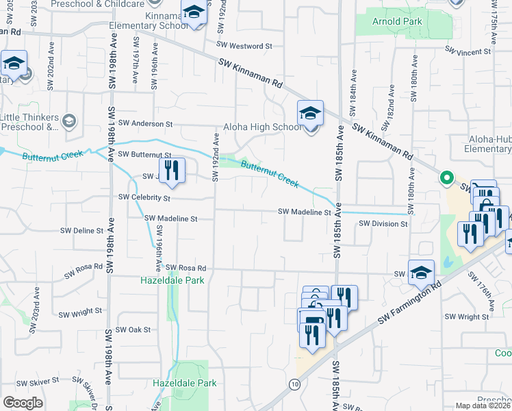 map of restaurants, bars, coffee shops, grocery stores, and more near 18965 Southwest Madeline Street in Beaverton