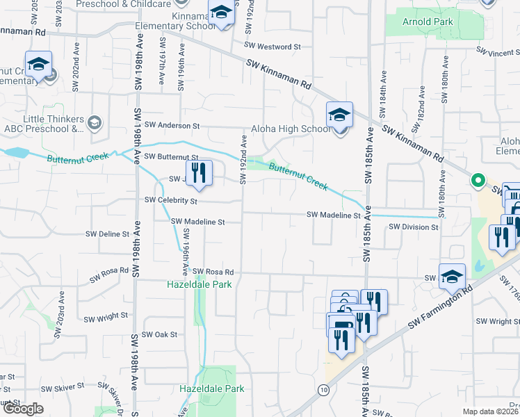 map of restaurants, bars, coffee shops, grocery stores, and more near 19105 Southwest Madeline Street in Beaverton