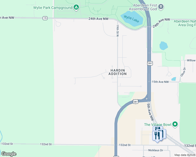 map of restaurants, bars, coffee shops, grocery stores, and more near 1515 Park Ridge Court in Aberdeen