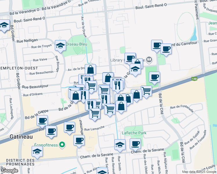 map of restaurants, bars, coffee shops, grocery stores, and more near in Gatineau