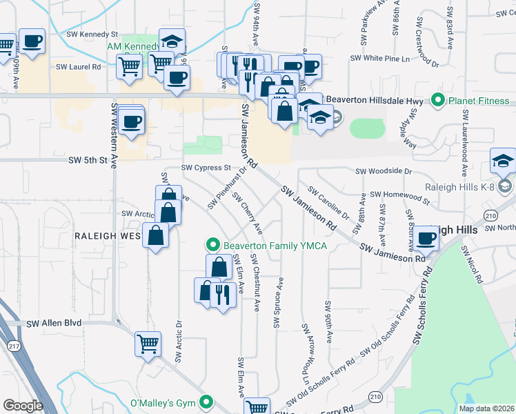 map of restaurants, bars, coffee shops, grocery stores, and more near 9350 Southwest Royal Woodlands Drive in Beaverton