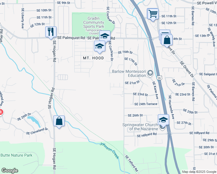map of restaurants, bars, coffee shops, grocery stores, and more near 2213 Southeast Cochran Drive in Gresham