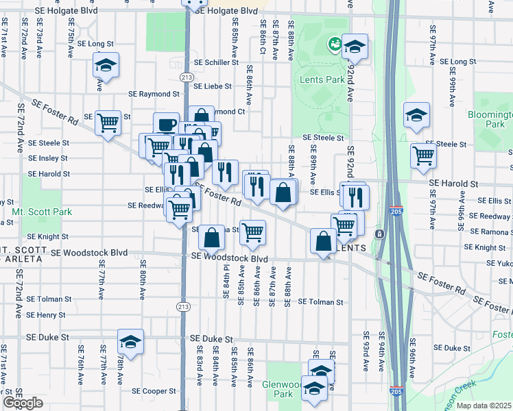 map of restaurants, bars, coffee shops, grocery stores, and more near 8601 Southeast Foster Road in Portland