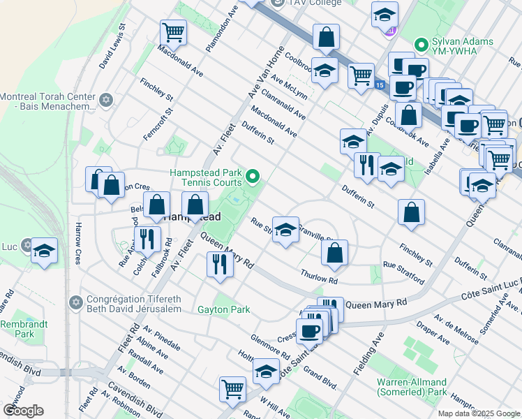 map of restaurants, bars, coffee shops, grocery stores, and more near 64 Rue Granville in Hampstead