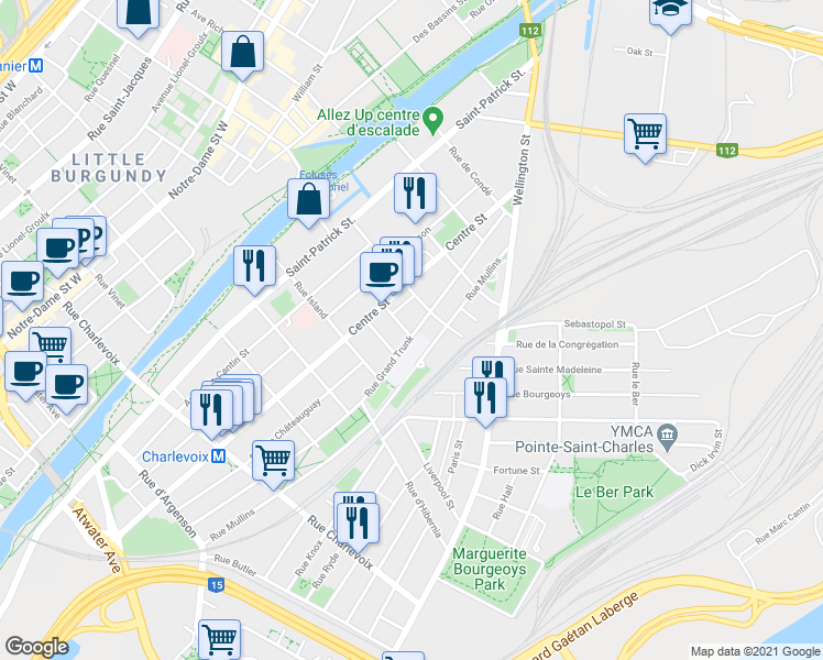 map of restaurants, bars, coffee shops, grocery stores, and more near 1851 Rue Grand Trunk in Montréal