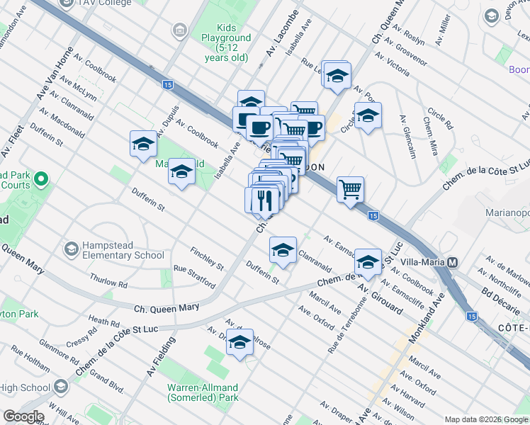 map of restaurants, bars, coffee shops, grocery stores, and more near 5475 Chemin Queen Mary in Montréal