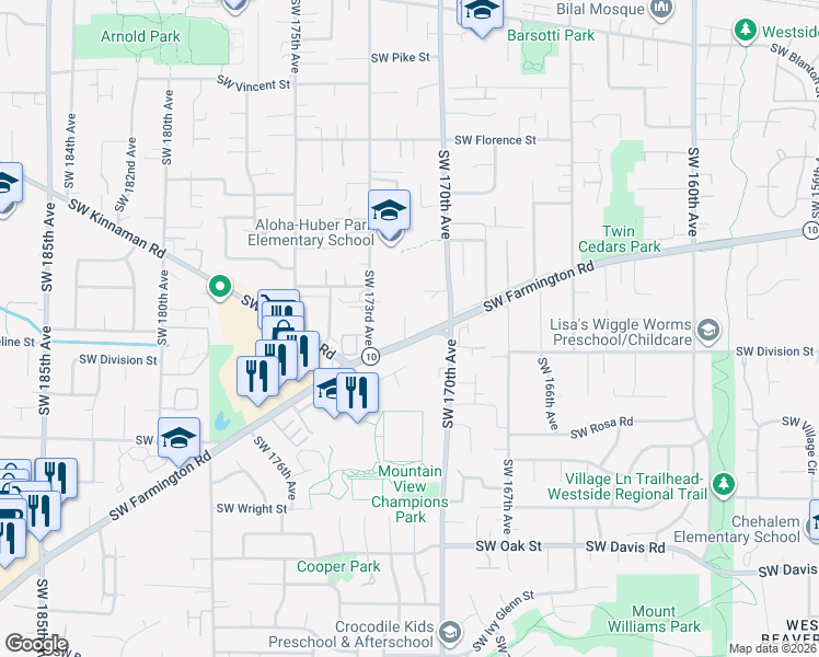 map of restaurants, bars, coffee shops, grocery stores, and more near 17095 Southwest Farmington Road in Beaverton