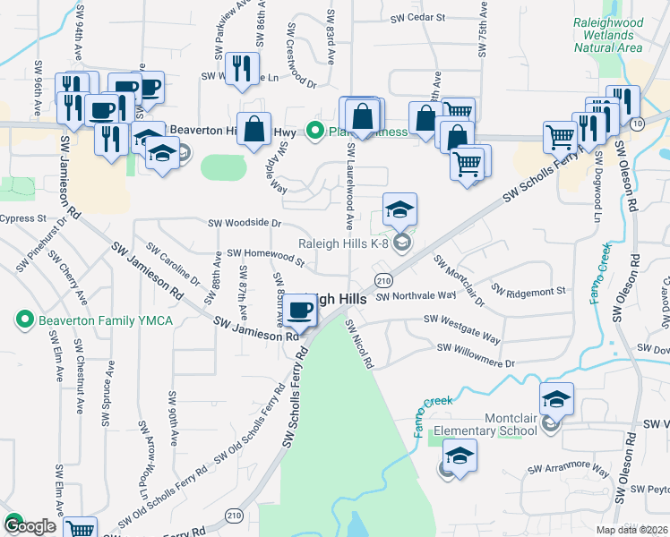 map of restaurants, bars, coffee shops, grocery stores, and more near 8217 Southwest Homewood Street in Portland