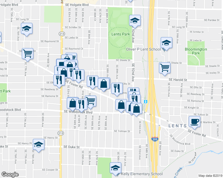 map of restaurants, bars, coffee shops, grocery stores, and more near 8847 Southeast Reedway Street in Portland