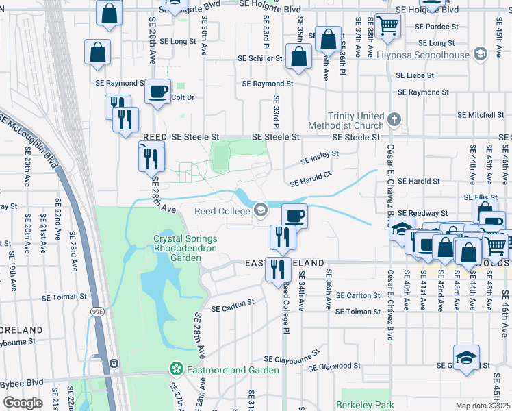 map of restaurants, bars, coffee shops, grocery stores, and more near 3203 Southeast Woodstock Boulevard in Portland