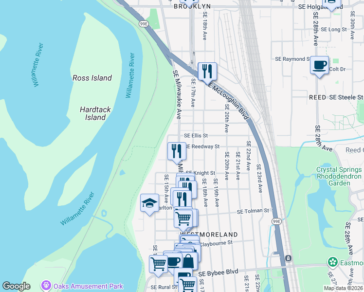 map of restaurants, bars, coffee shops, grocery stores, and more near 1632 Southeast Reedway Street in Portland