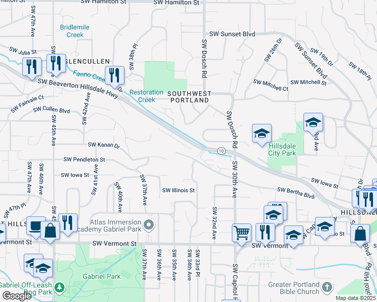 map of restaurants, bars, coffee shops, grocery stores, and more near 3304 Southwest Bertha Boulevard in Portland