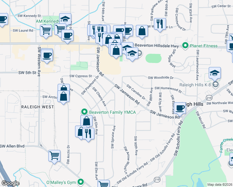 map of restaurants, bars, coffee shops, grocery stores, and more near 5350 Southwest Spruce Avenue in Beaverton