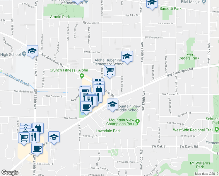 map of restaurants, bars, coffee shops, grocery stores, and more near 5280 Southwest 174th Terrace in Beaverton