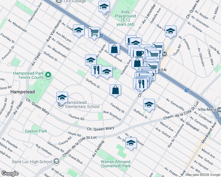 map of restaurants, bars, coffee shops, grocery stores, and more near 5551 Isabella Avenue in Hampstead