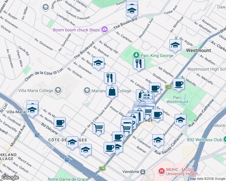 map of restaurants, bars, coffee shops, grocery stores, and more near 560 Avenue Grosvenor in Westmount