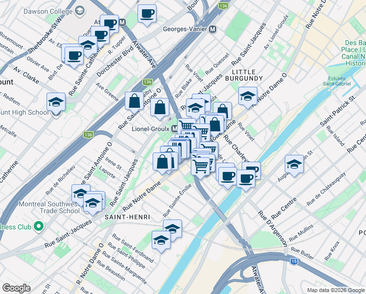 map of restaurants, bars, coffee shops, grocery stores, and more near 3033 Rue Workman in Montréal