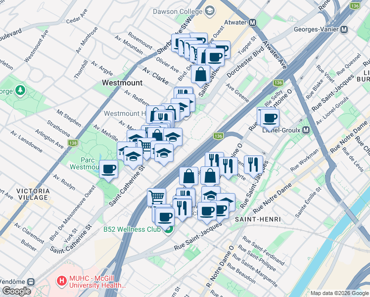 map of restaurants, bars, coffee shops, grocery stores, and more near 80 Avenue Hillside in Westmount