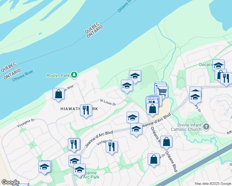 map of restaurants, bars, coffee shops, grocery stores, and more near Saint Andre Drive in Ottawa