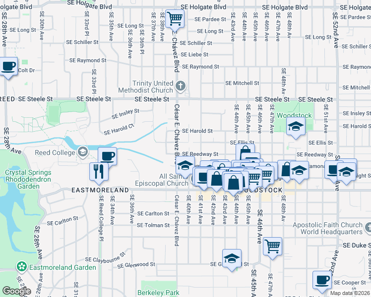 map of restaurants, bars, coffee shops, grocery stores, and more near 3937 SE Reedway St in Portland