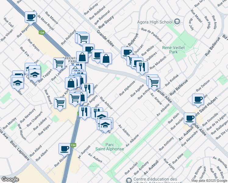 map of restaurants, bars, coffee shops, grocery stores, and more near 5835 Rue Angèle in Brossard