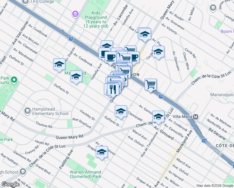 map of restaurants, bars, coffee shops, grocery stores, and more near 5450 Chemin Queen Mary in Montréal
