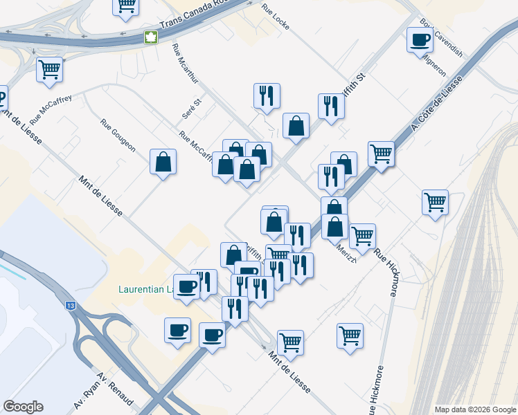 map of restaurants, bars, coffee shops, grocery stores, and more near 4200 Rue Griffith in Montréal