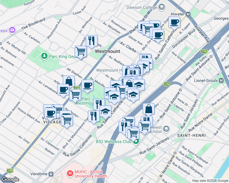 map of restaurants, bars, coffee shops, grocery stores, and more near 273 Avenue Melville in Westmount