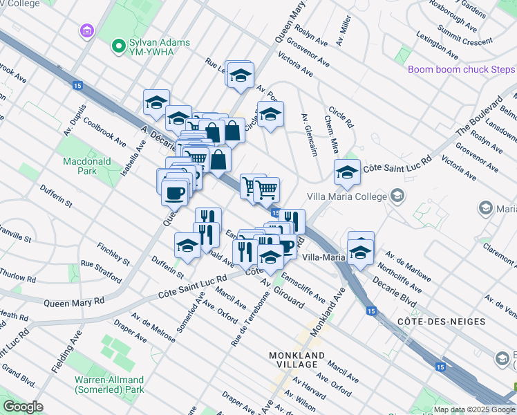 map of restaurants, bars, coffee shops, grocery stores, and more near 4660 Boulevard Décarie in Montréal