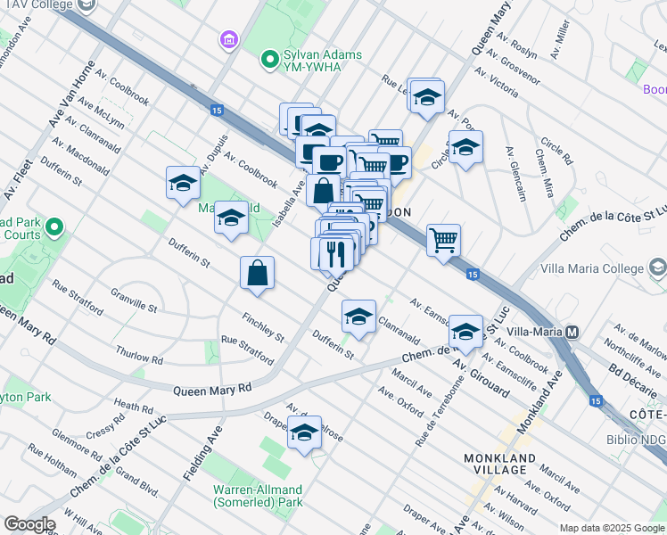 map of restaurants, bars, coffee shops, grocery stores, and more near 5475 Chemin Queen Mary in Montréal