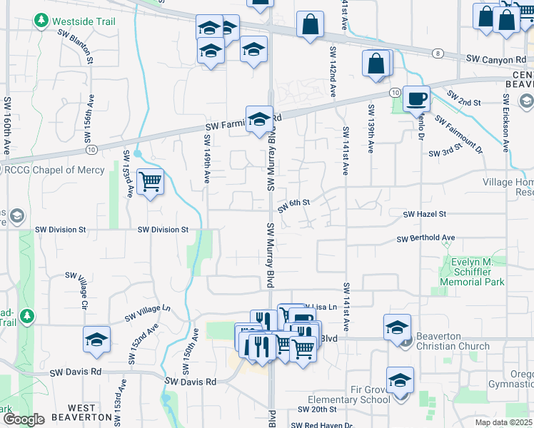 map of restaurants, bars, coffee shops, grocery stores, and more near 14510 Southwest 6th Street in Beaverton