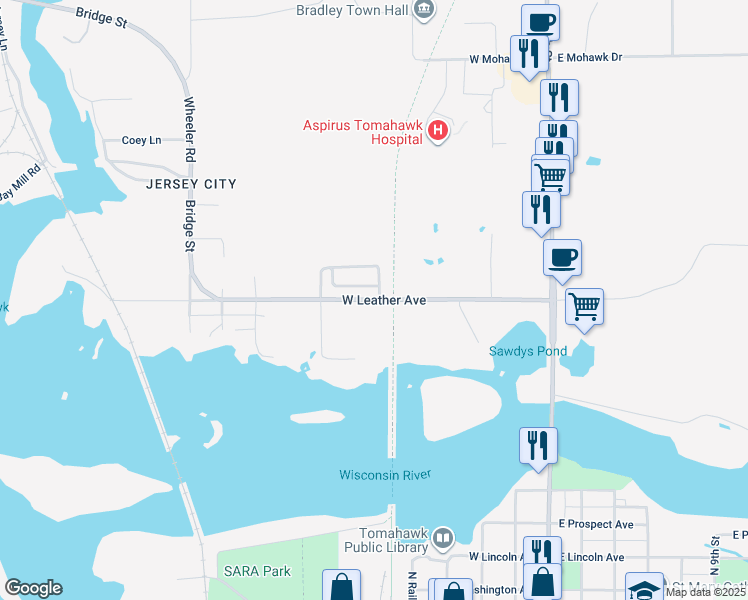 map of restaurants, bars, coffee shops, grocery stores, and more near 315 West Leather Avenue in Tomahawk