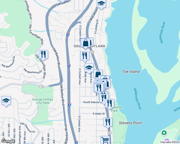 map of restaurants, bars, coffee shops, grocery stores, and more near 5816 South Hood Avenue in Portland