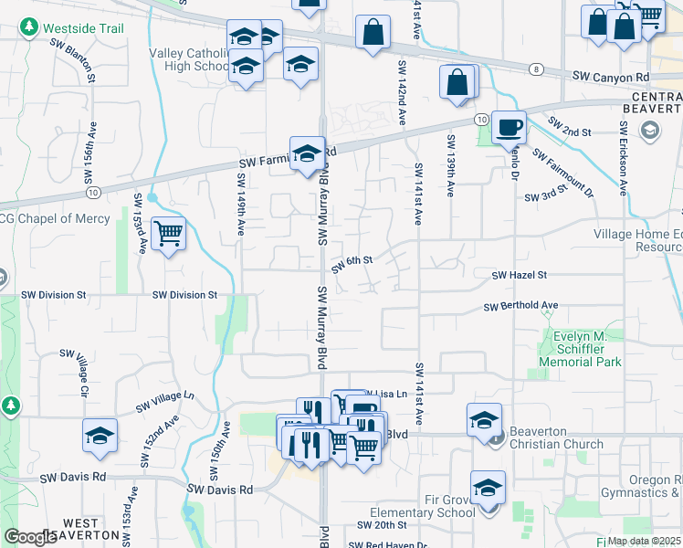 map of restaurants, bars, coffee shops, grocery stores, and more near in Beaverton