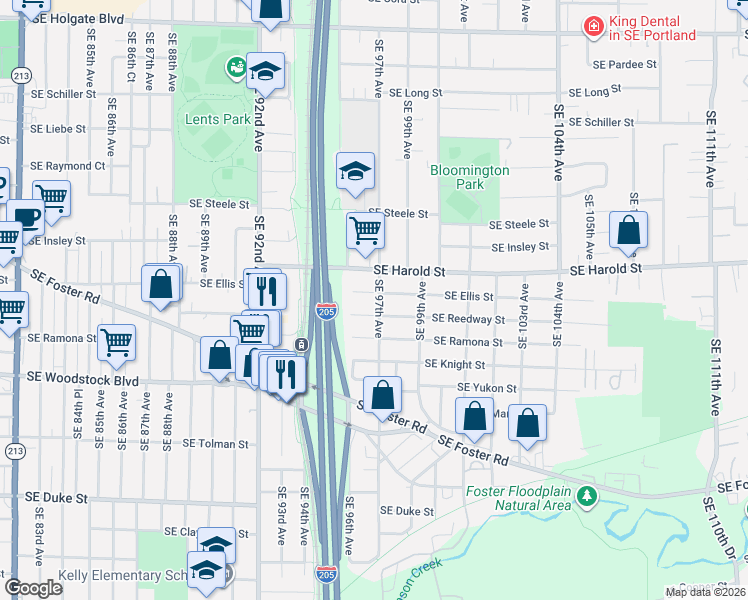 map of restaurants, bars, coffee shops, grocery stores, and more near 5615 Southeast 97th Avenue in Portland