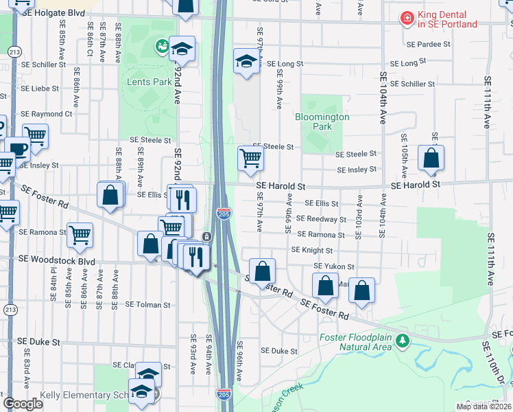 map of restaurants, bars, coffee shops, grocery stores, and more near 5615 Southeast 97th Avenue in Portland