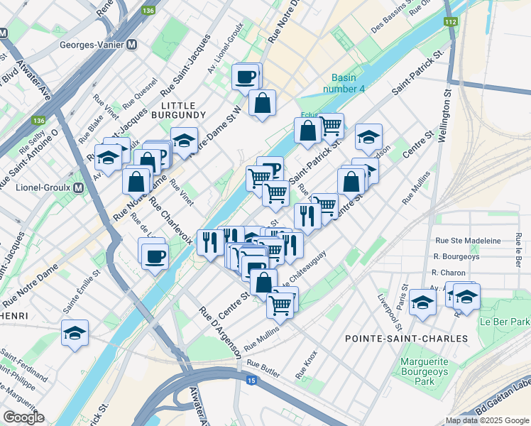 map of restaurants, bars, coffee shops, grocery stores, and more near 2301 Rue Saint-Patrick in Montréal