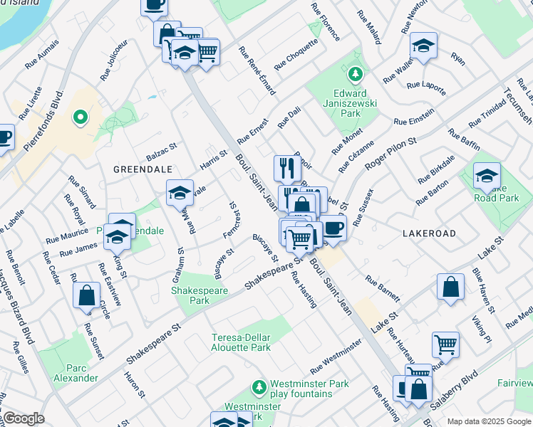 map of restaurants, bars, coffee shops, grocery stores, and more near in Dollard-Des Ormeaux