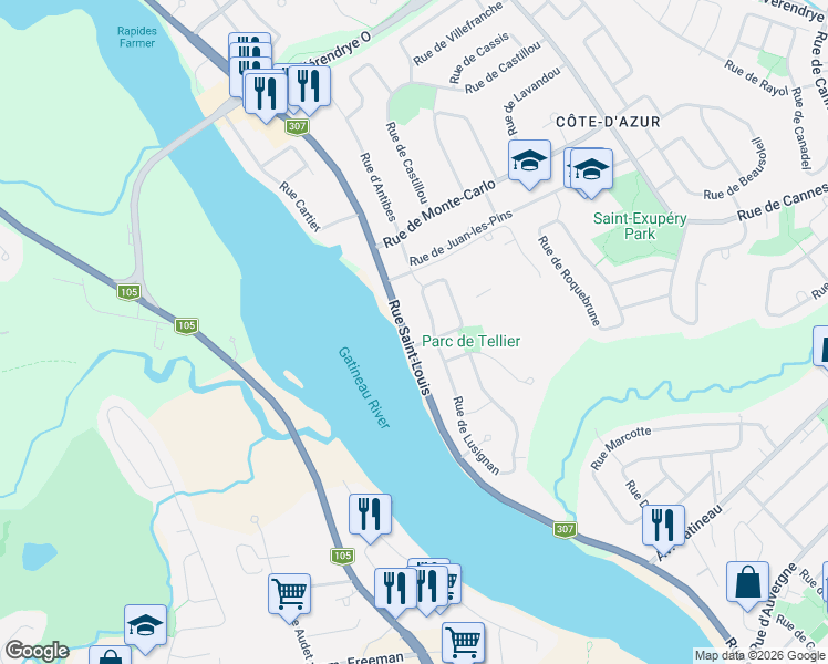 map of restaurants, bars, coffee shops, grocery stores, and more near 2155 Rue Saint-Louis in Gatineau