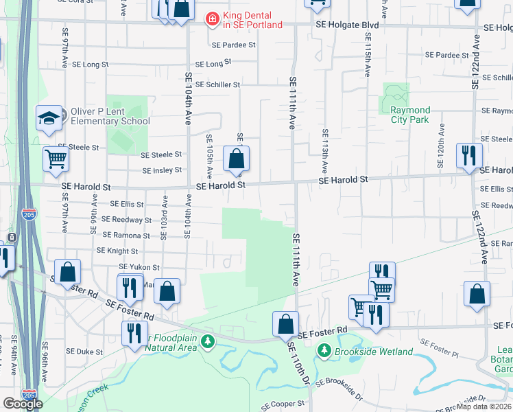 map of restaurants, bars, coffee shops, grocery stores, and more near 5559 Southeast 109th Avenue in Portland