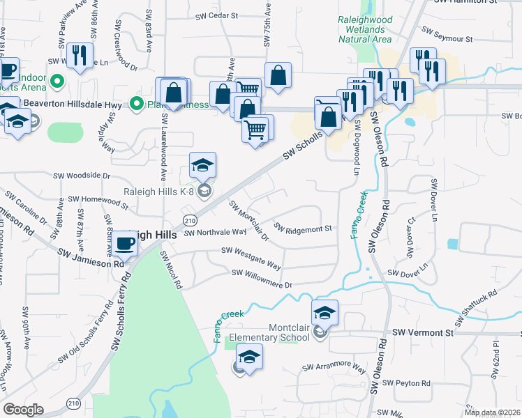 map of restaurants, bars, coffee shops, grocery stores, and more near 7617 Southwest Green Valley Terrace in Portland