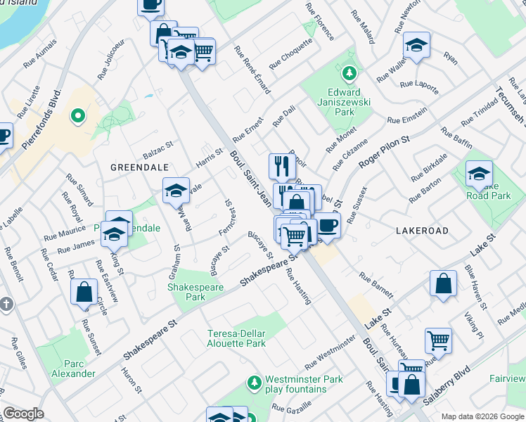 map of restaurants, bars, coffee shops, grocery stores, and more near in Dollard-Des Ormeaux