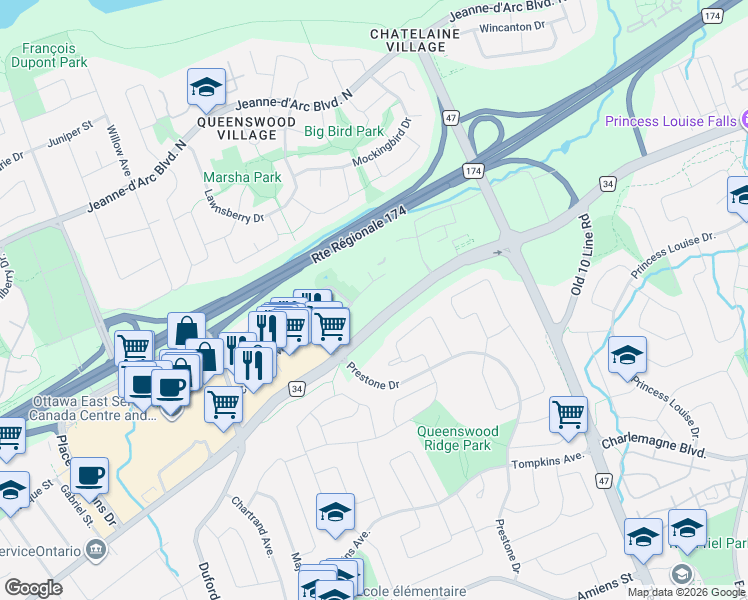 map of restaurants, bars, coffee shops, grocery stores, and more near 330 Centrum Boulevard in Ottawa