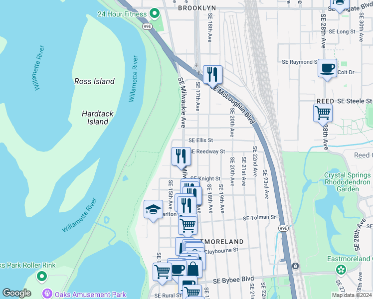 map of restaurants, bars, coffee shops, grocery stores, and more near 1632 Southeast Reedway Street in Portland