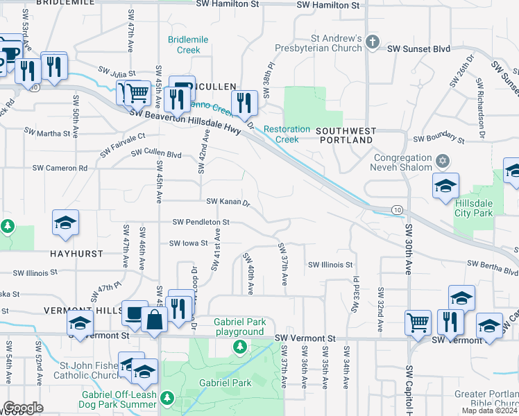 map of restaurants, bars, coffee shops, grocery stores, and more near 3841 Southwest Kanan Drive in Portland